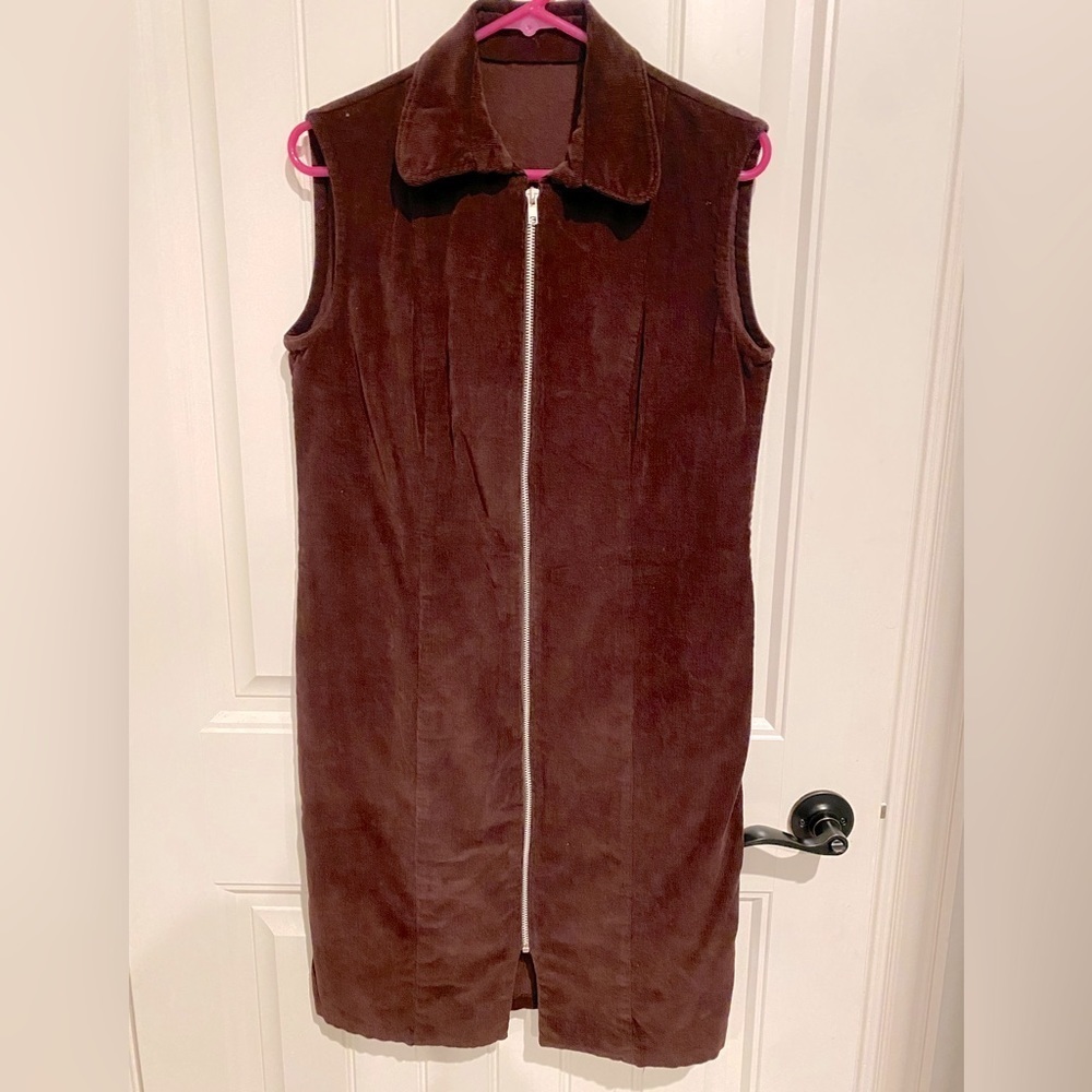 Retro Vintage Brown women corduroy dress, sleeveless sz Large, zip up, 70s style - Picture 1 of 6